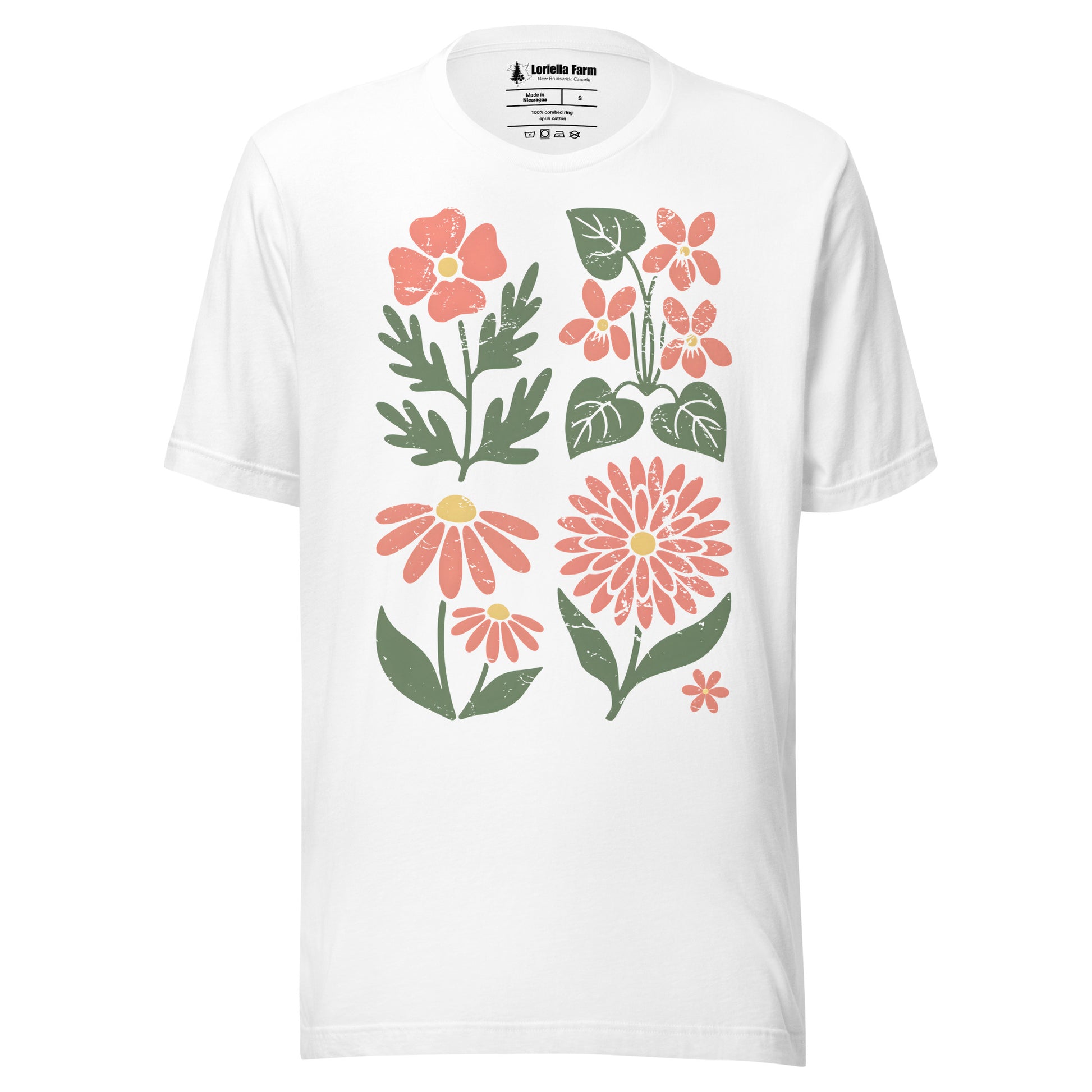 White t-shirt with boho floral designs.