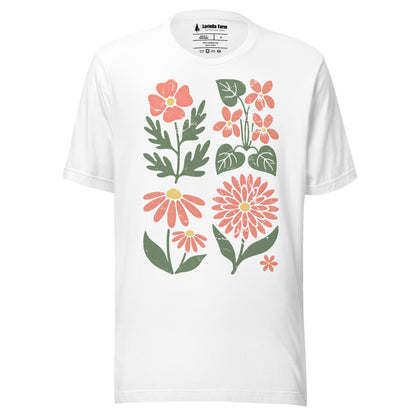 White t-shirt with boho floral designs.