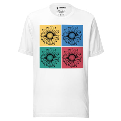 White t-shirt with colorful floral designs.