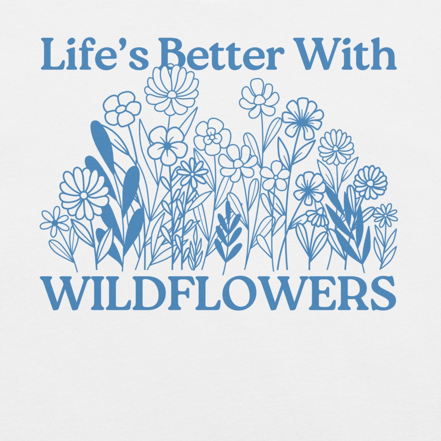 White t-shirt with text and floral design.