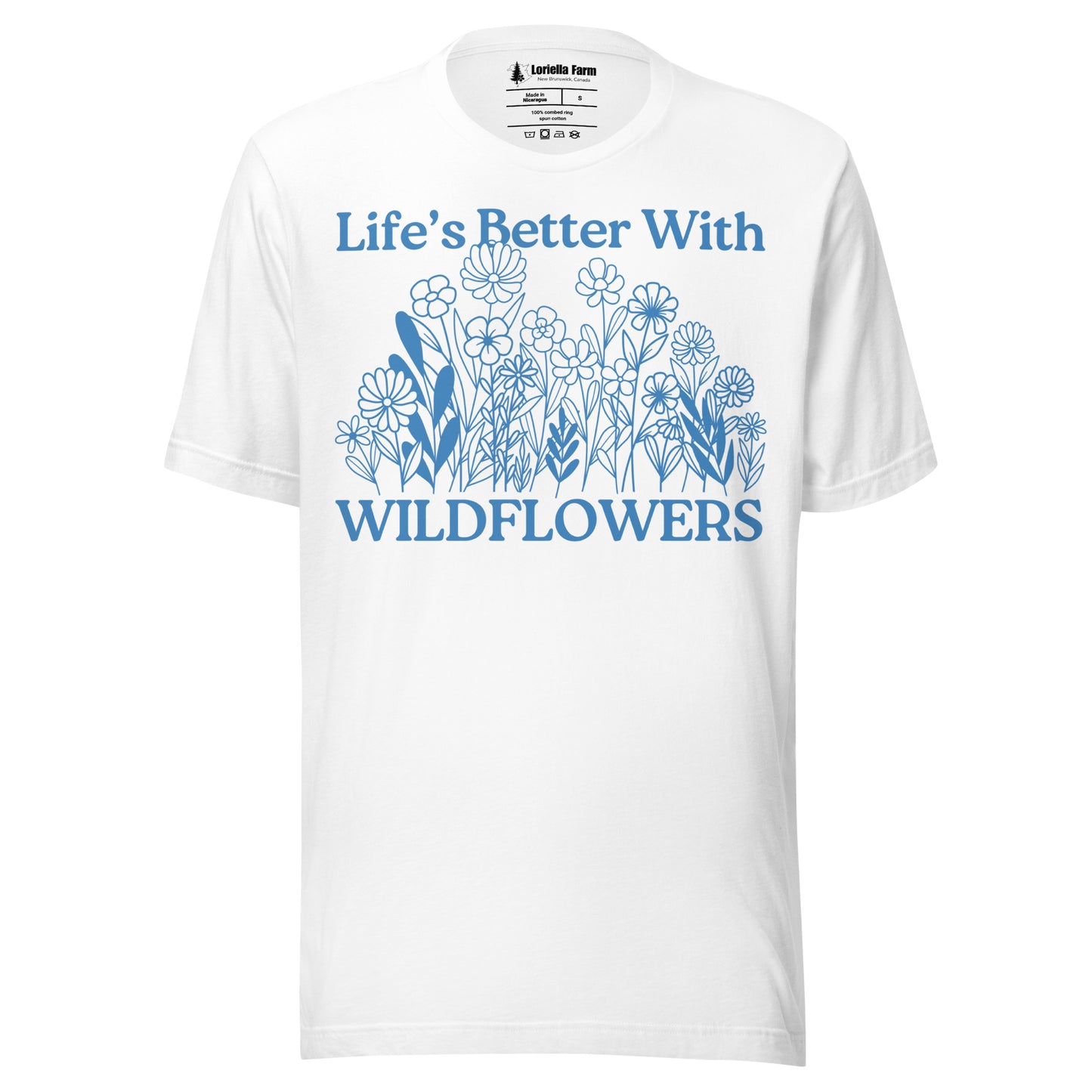 White t-shirt with text and floral design.