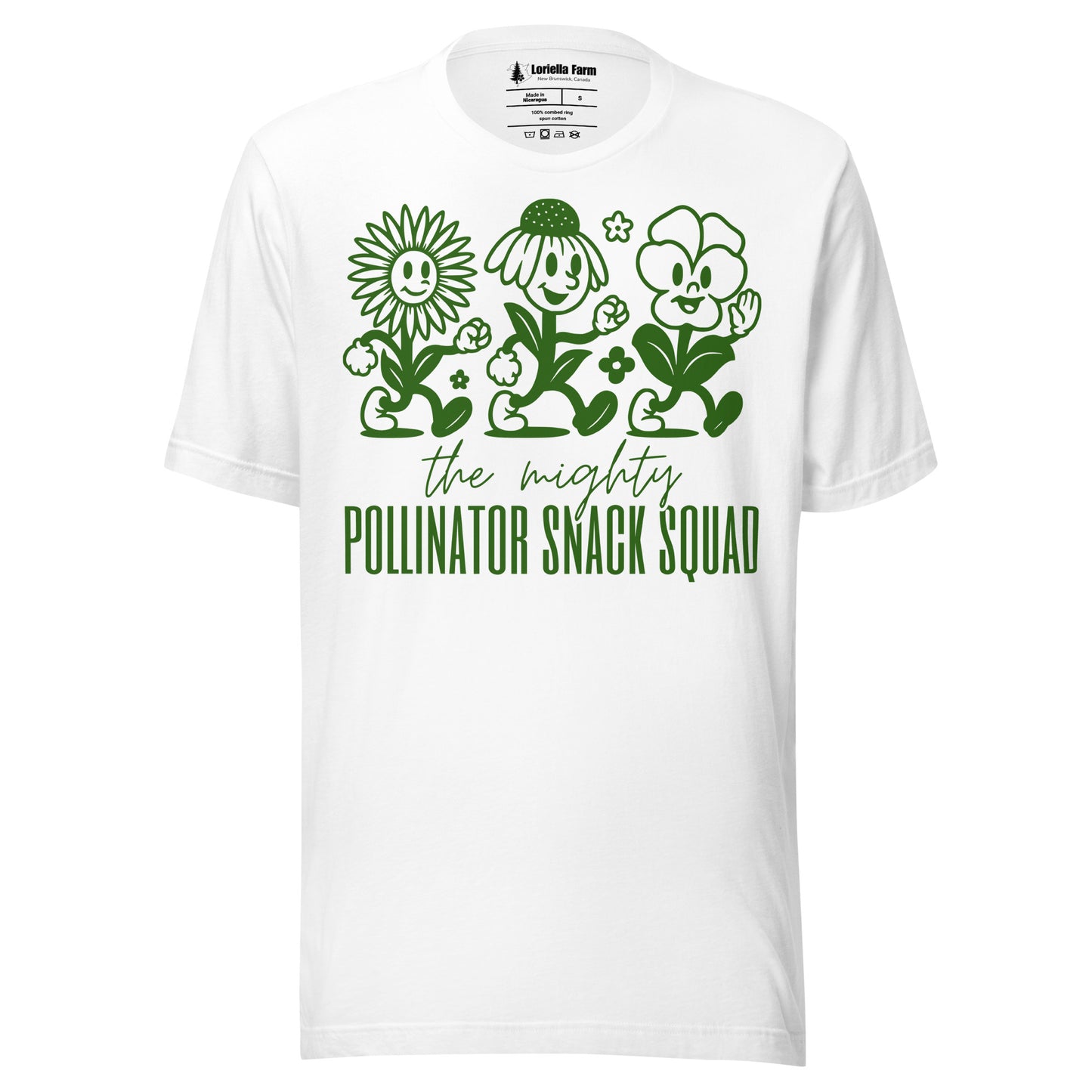 White t-shirt with graphics and text.