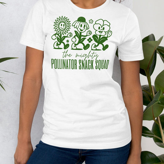 White t-shirt with graphics and text.