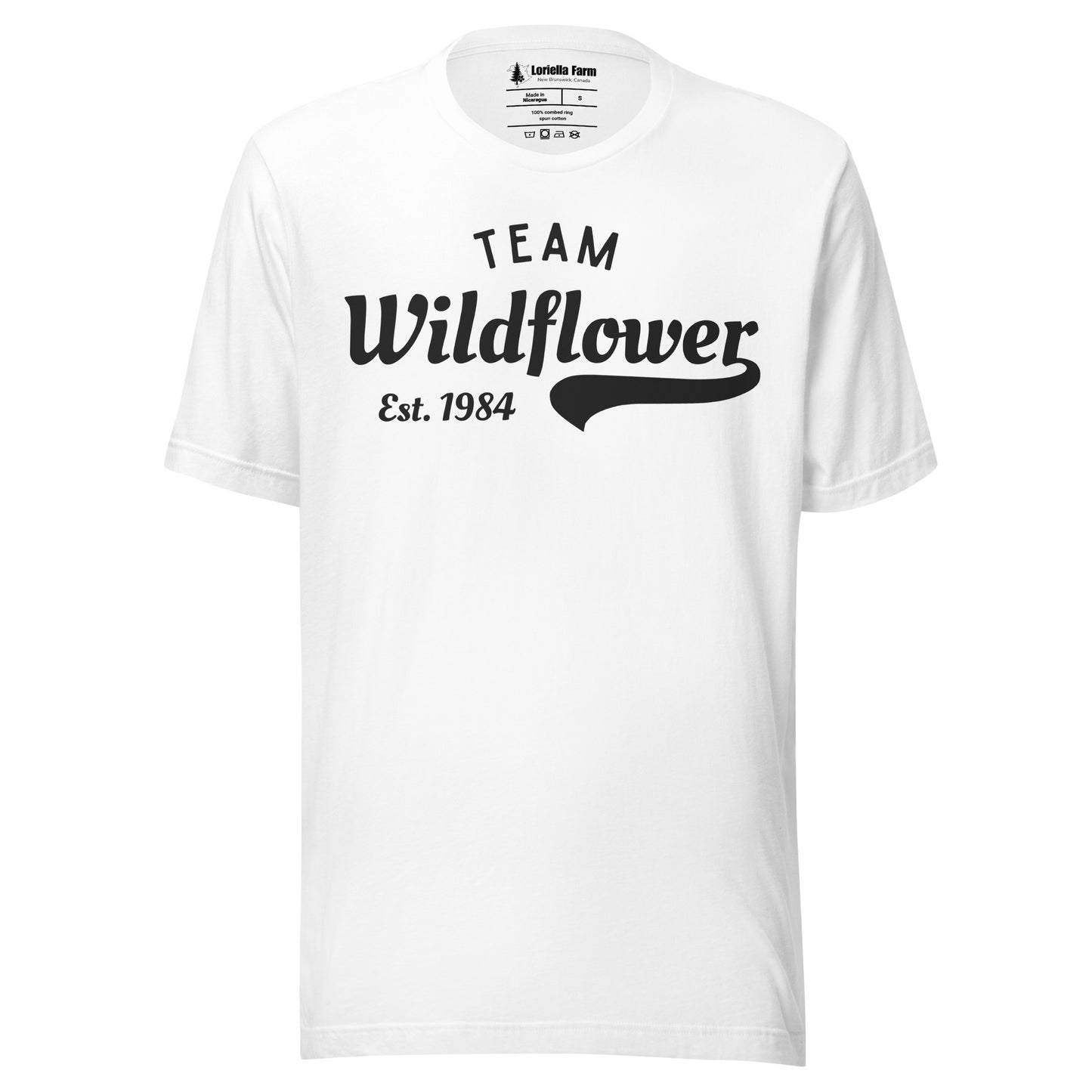 White t-shirt with 'Team Wildflower Est. 1984' text.