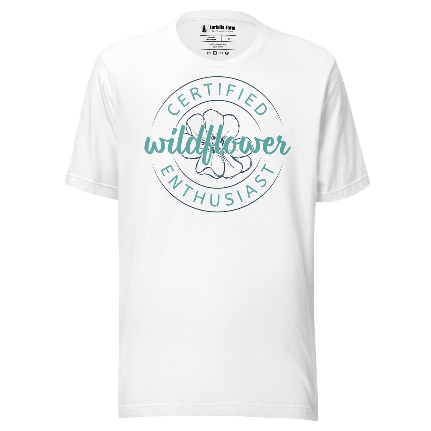 White t-shirt with 'Certified Wildflower Enthusiast' design.