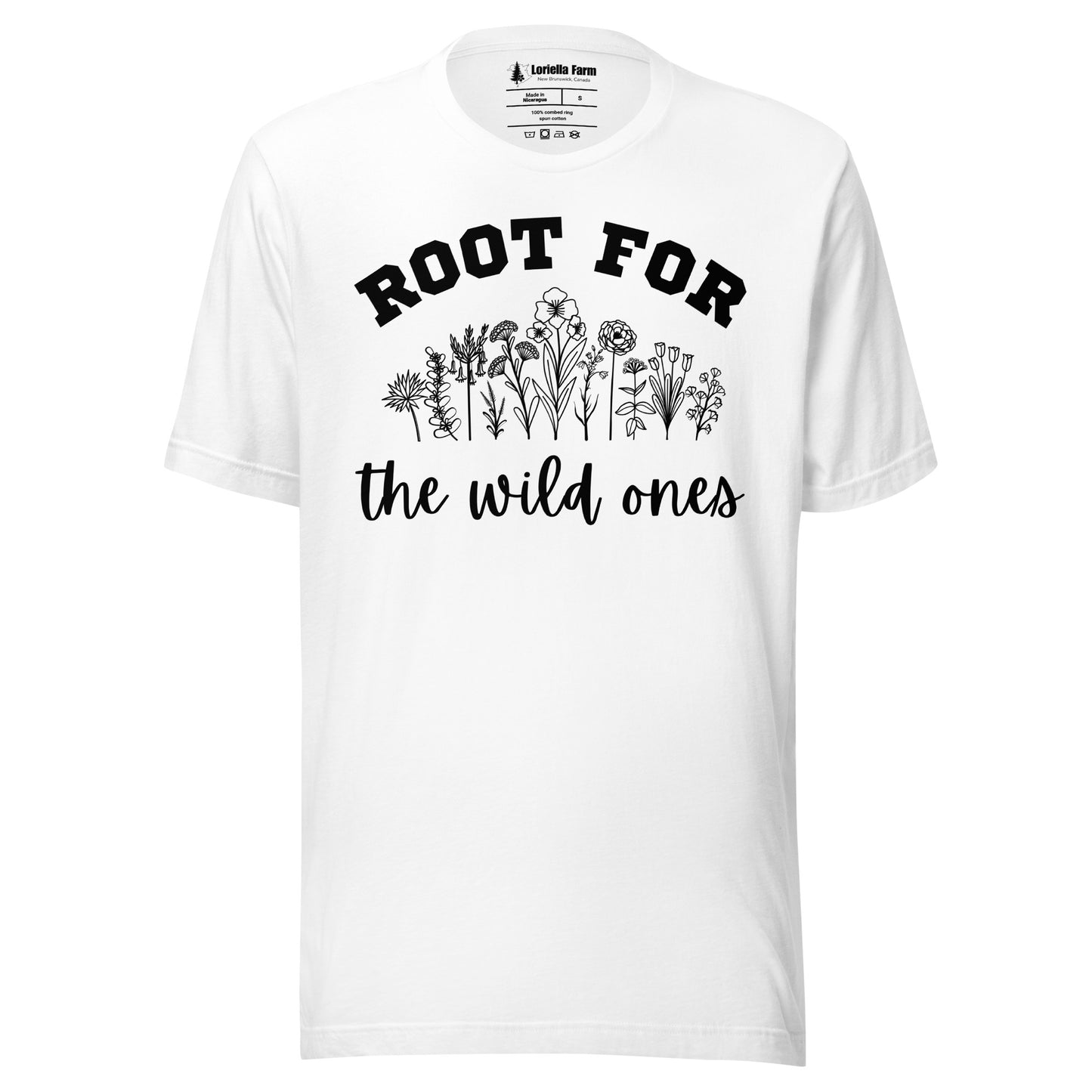 White t-shirt with text 'Root for the wild ones' and floral designs.