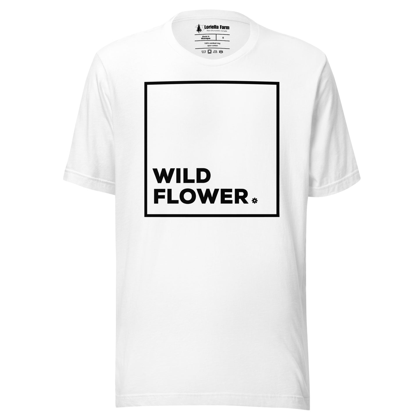 White t-shirt with 'WILD FLOWER' text.