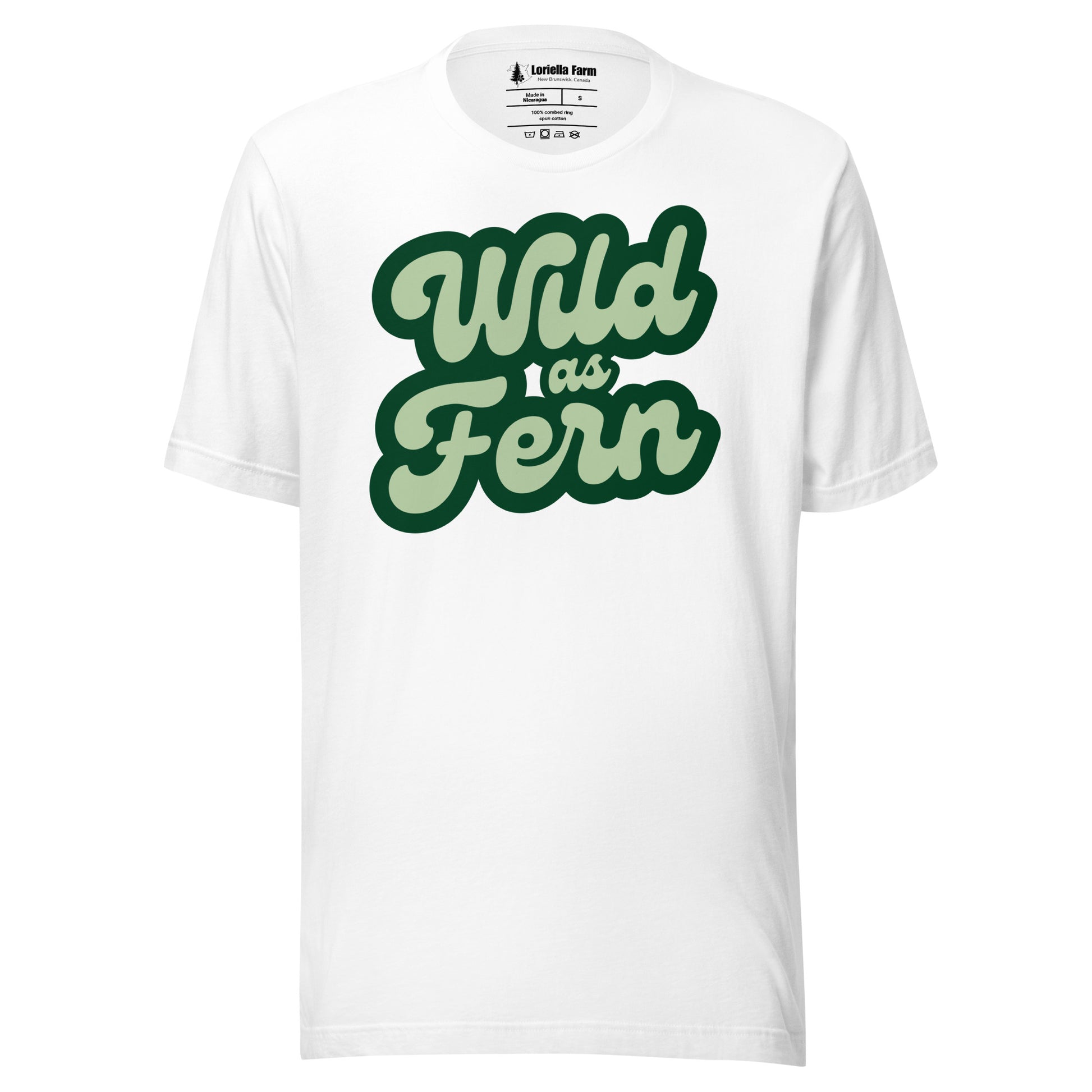 White t-shirt with 'Wild As Fern' text.