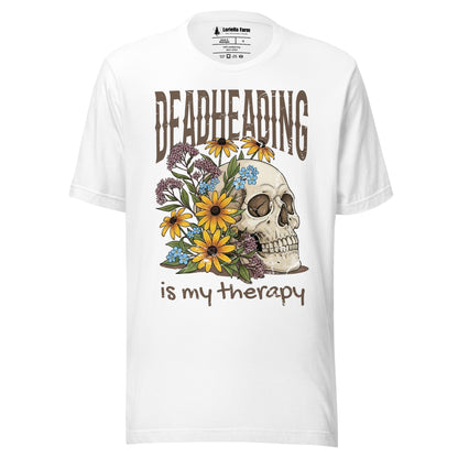 White t-shirt with skull and flowers design and text 'DEADHEADING is my therapy'.