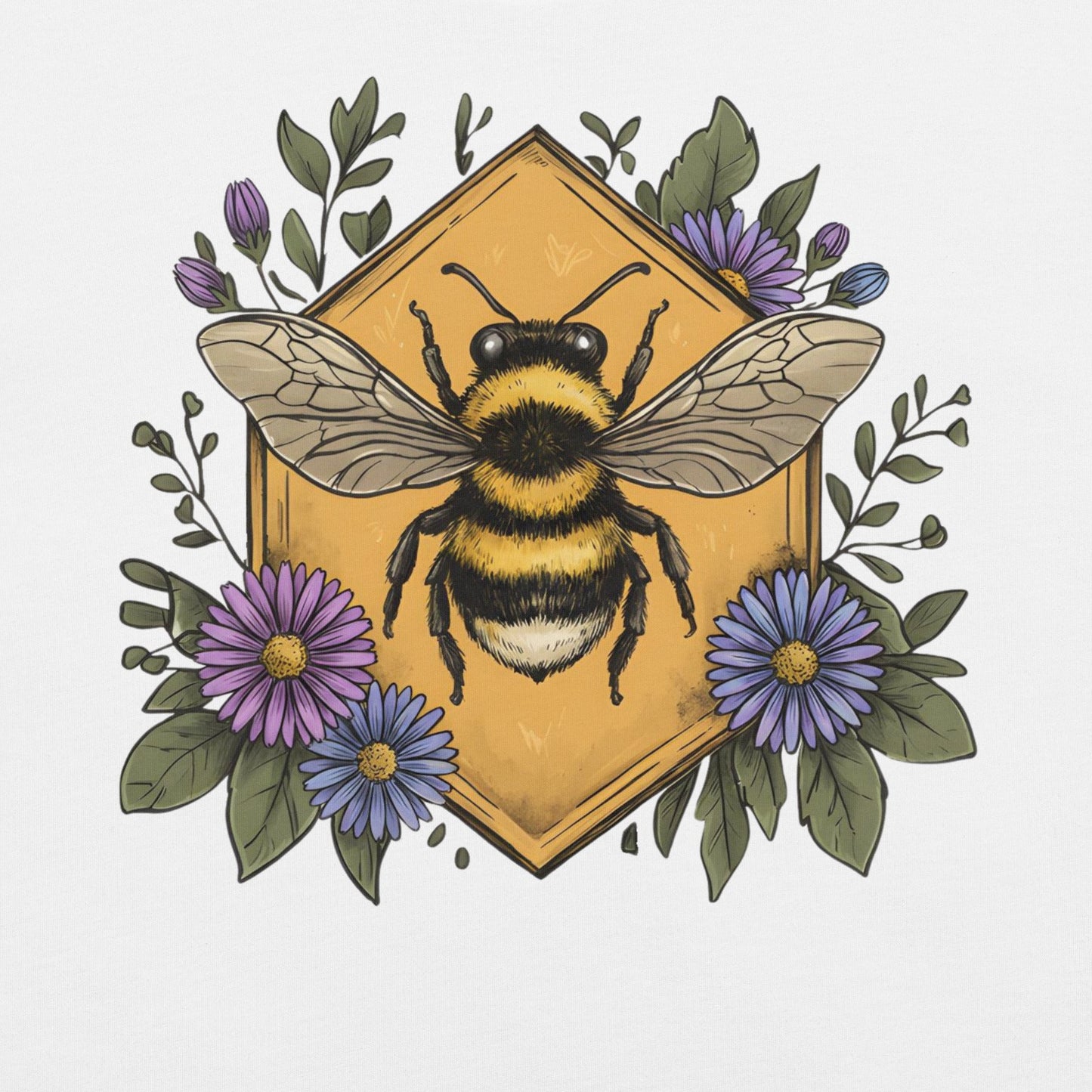 White t-shirt with a bumble bee and asters design.