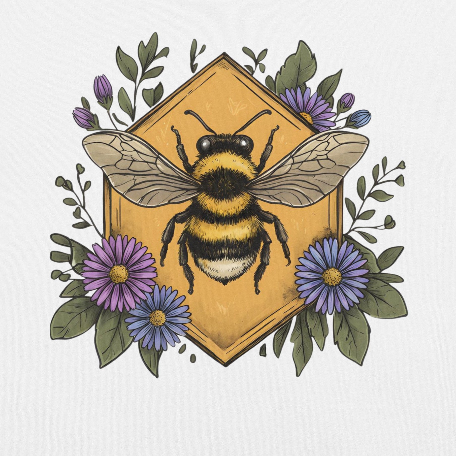 White t-shirt with a bumble bee and asters design.