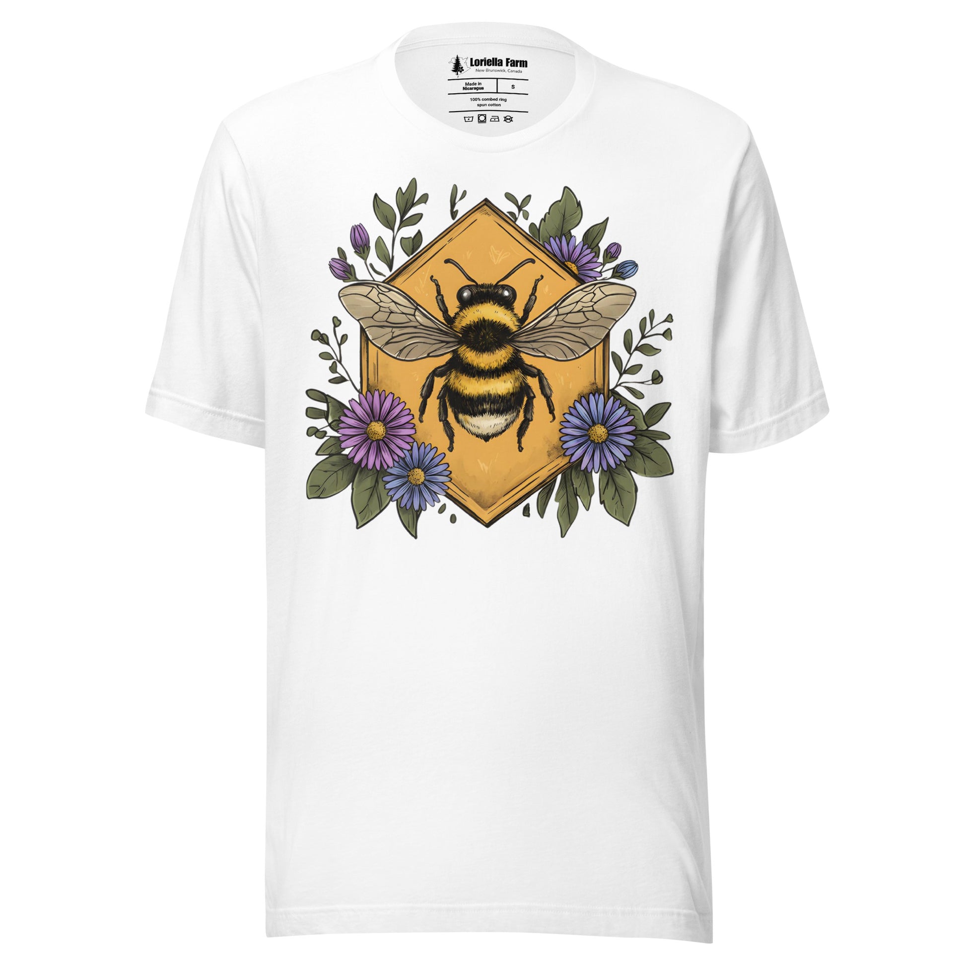 White t-shirt with a bumble bee and asters design.
