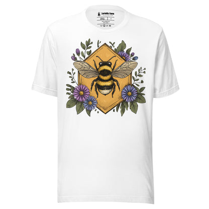 White t-shirt with a bumble bee and asters design.