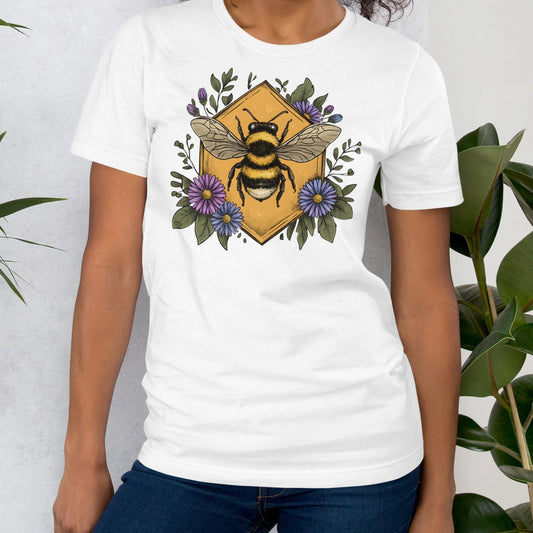 White t-shirt with a bumble bee and asters design.