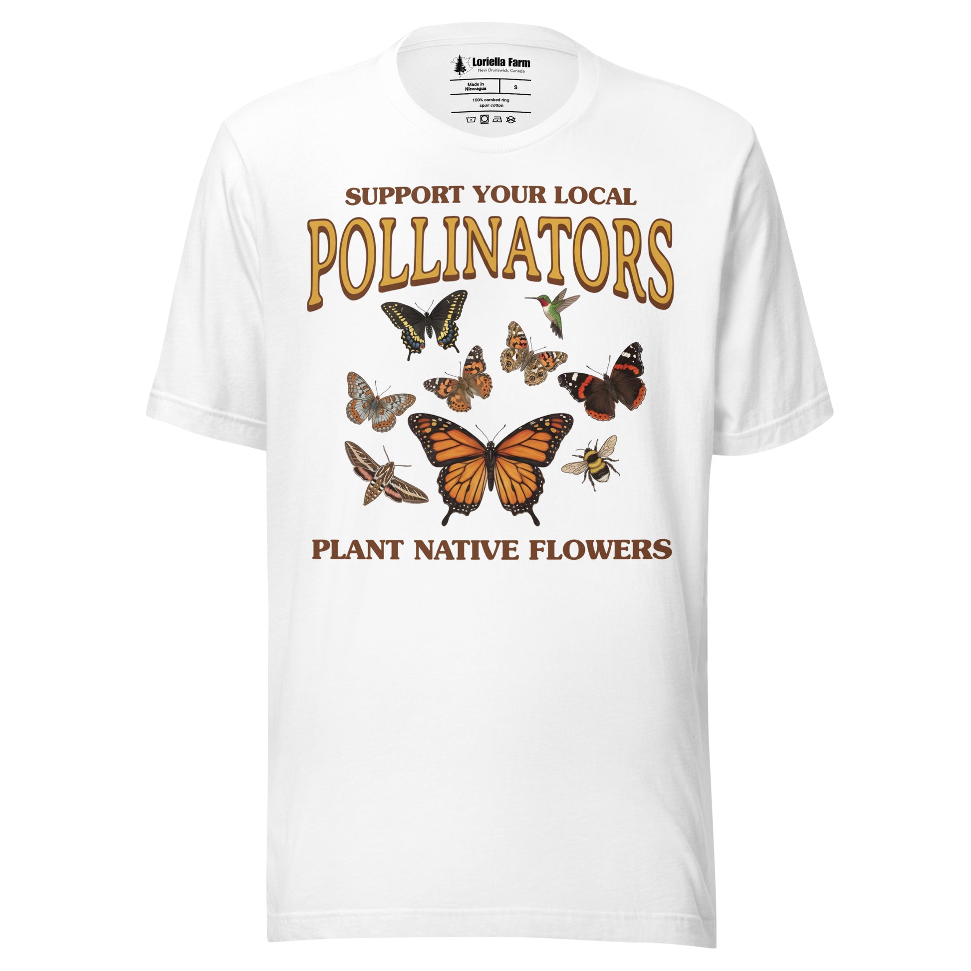 White t-shirt with butterfly design and text about pollinators and native flowers.