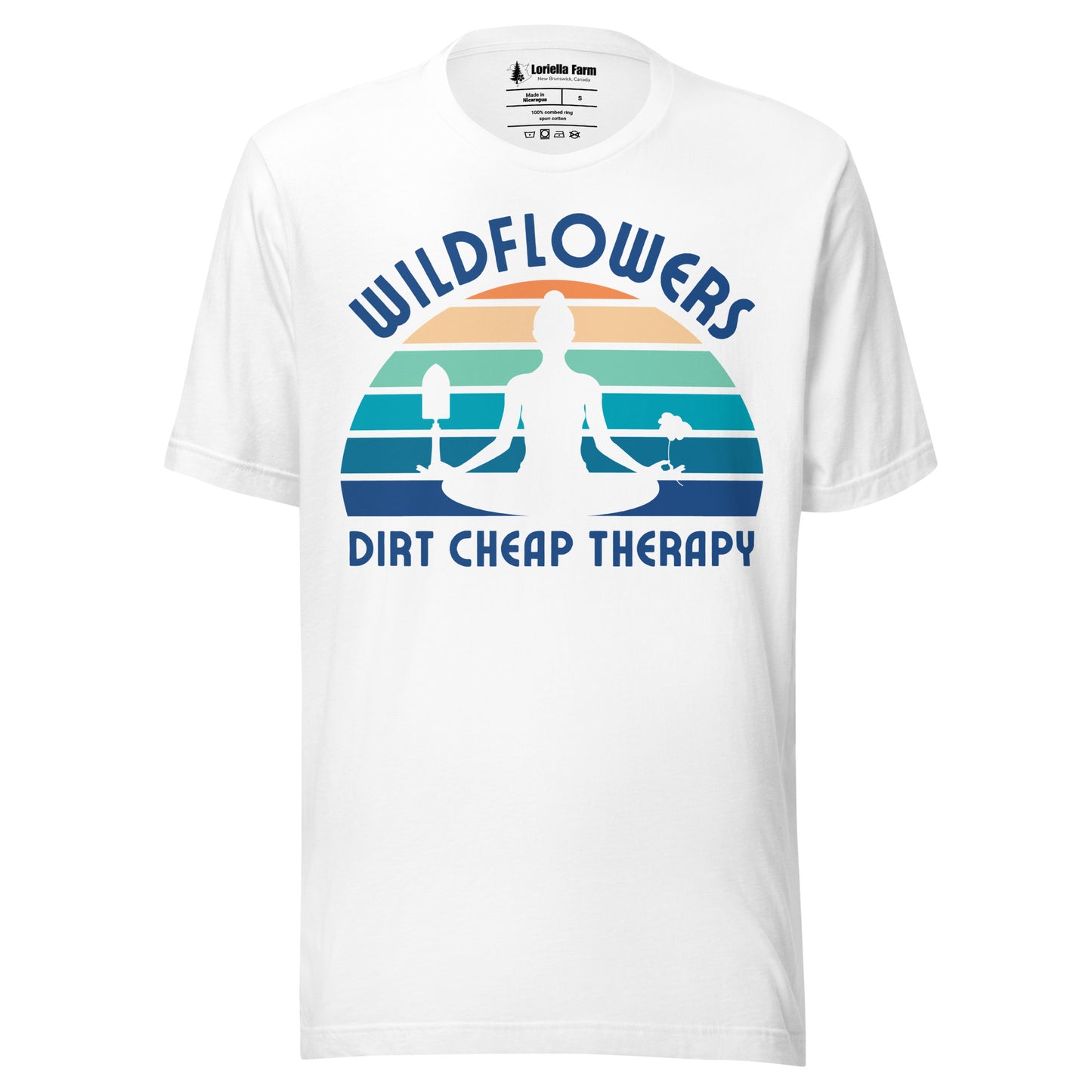 Black t-shirt with a graphic of a person meditating, wildflowers, and 'Dirt Cheap Therapy' text.