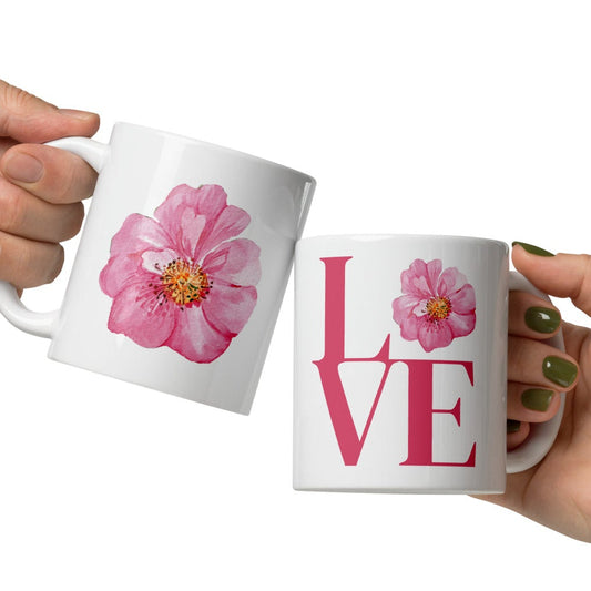 White mugs with floral and 'LOVE' design.